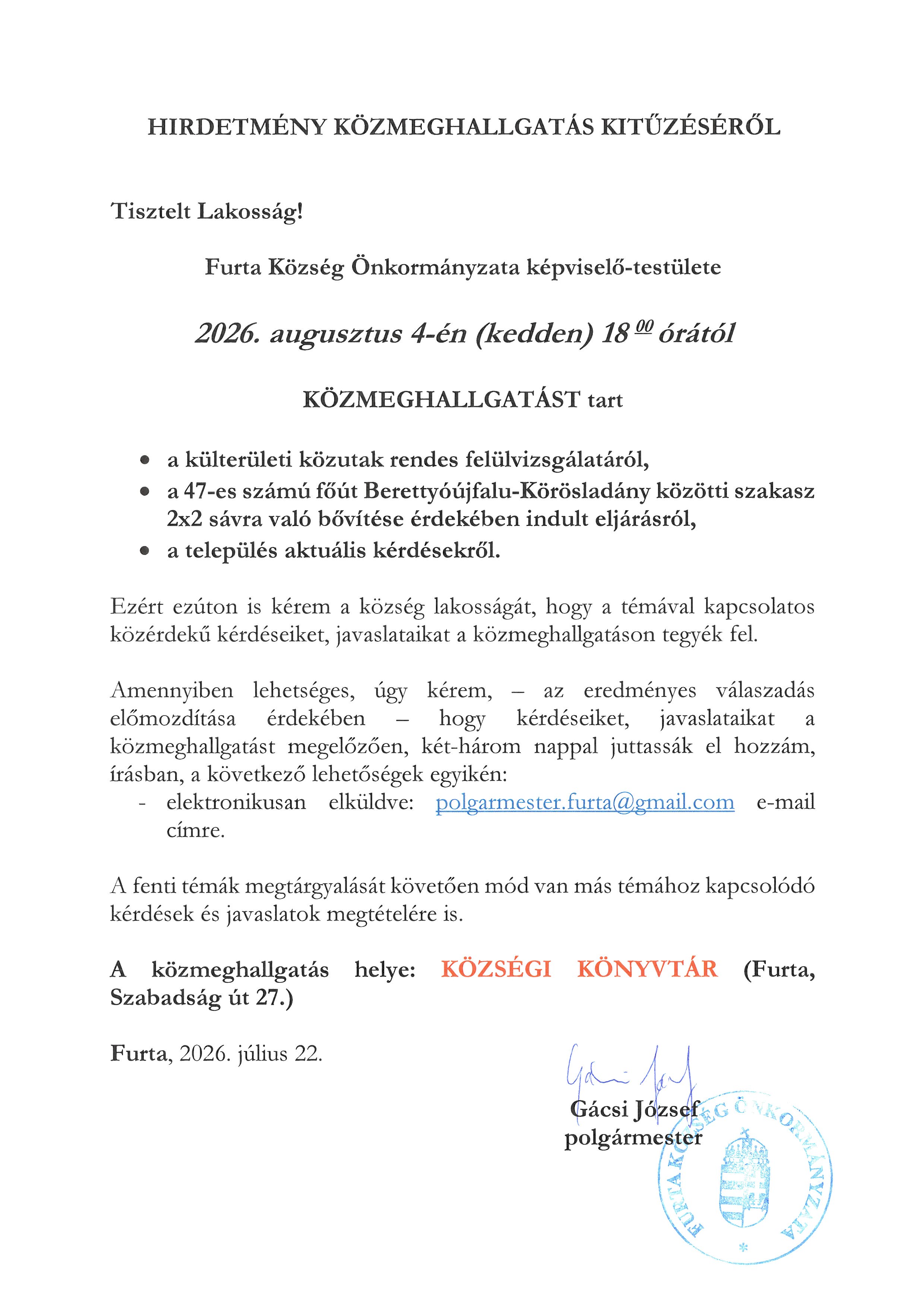 Hírdetmény közmeghallgatásra